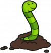 cartoon green worm coming out the ground smiling